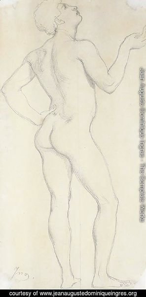A nude youth looking up to the right