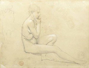 Jean Auguste Dominique Ingres - A young nude woman seated in profile to the right, with subsidiary studies of her hand