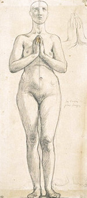 Nude woman standing, front view, hands clasped in front of the chest