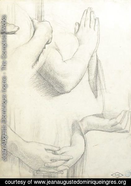 Jean Auguste Dominique Ingres - Four studies of hands and one study of a foot Studies for the stained glass windows of the Chapel of Saint Ferdinand, Paris